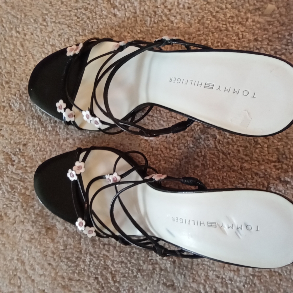 Tommy Hilfiger Black Sandals with Pink Floral Accents